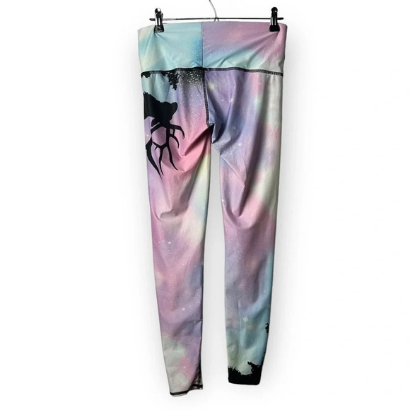 Teeki Northern Lights Pastel Skies Pine &  Reindeer Graphic Yoga Leggings M - Picture 3 of 9